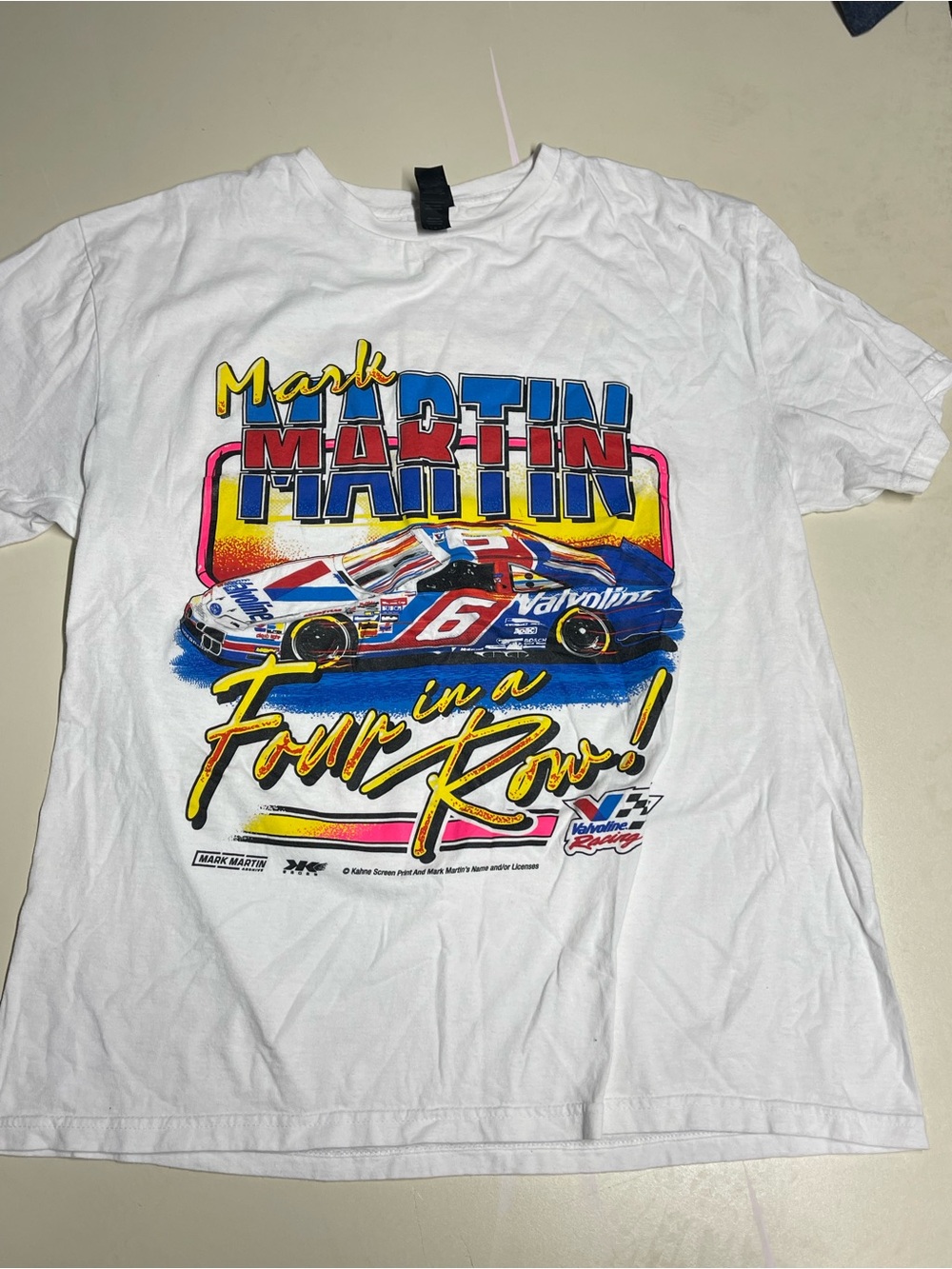 Gildan White Short Sleeve Mark Martin 'Four in a Row' Graphic Tee